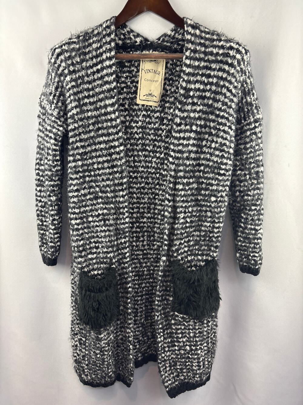 Women’s Vintage Concept Small Black & White Fuzzy Cardigan